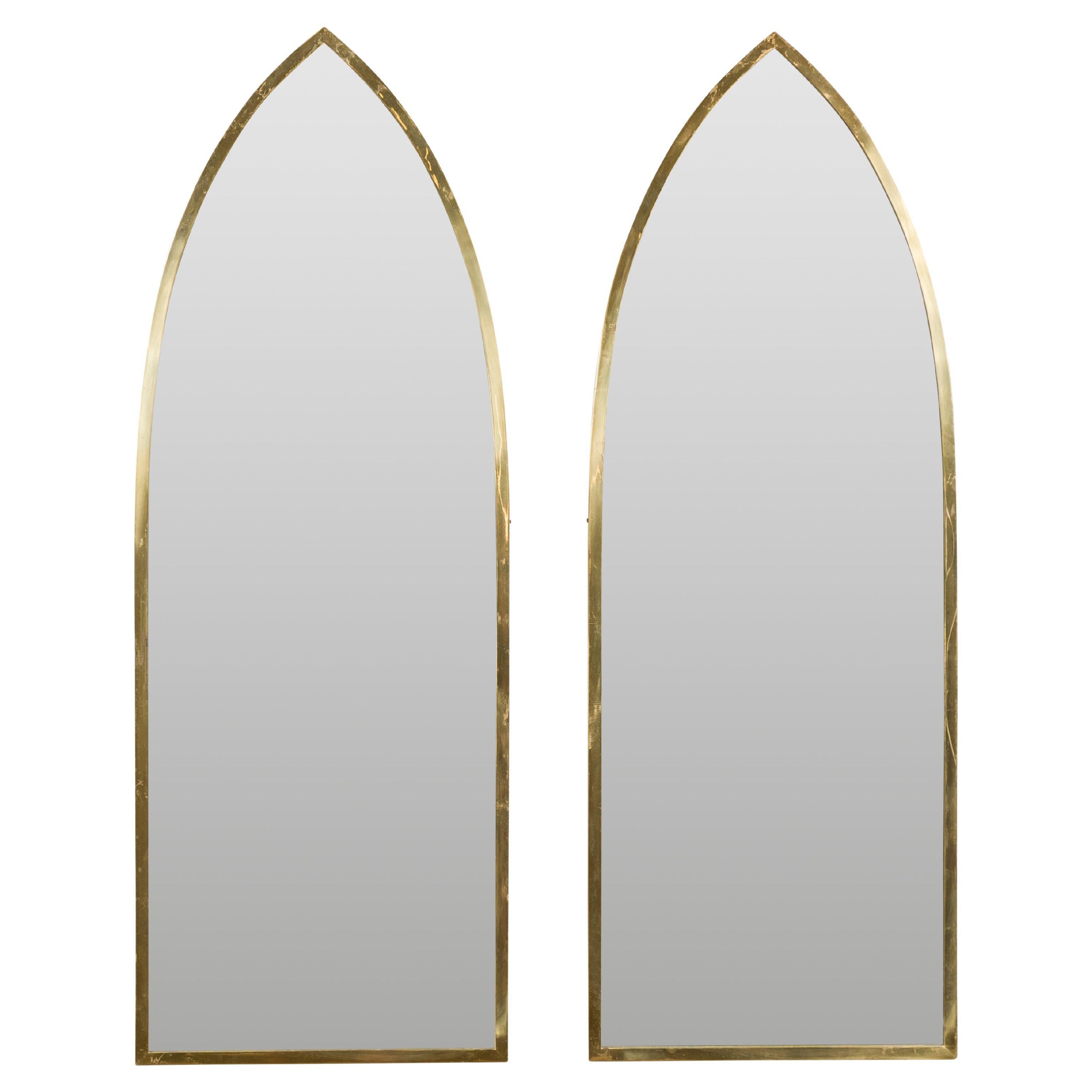 Midcentury Brass Gothic Style Golden Broken Arch Mirrors, a Pair For Sale