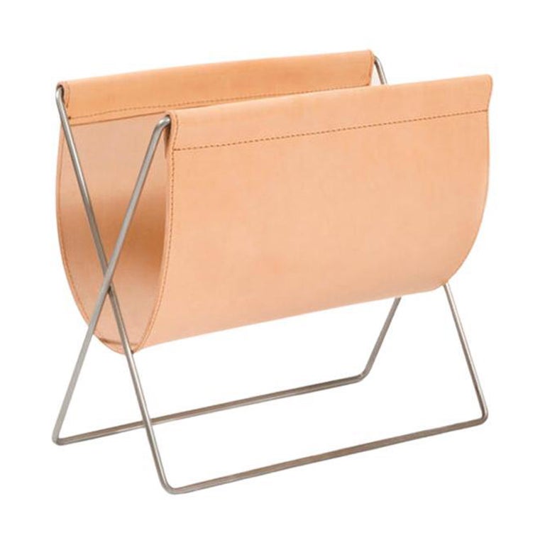 Nature Leather and Steel Maggiz Magazine Rack by OxDenmarq For Sale