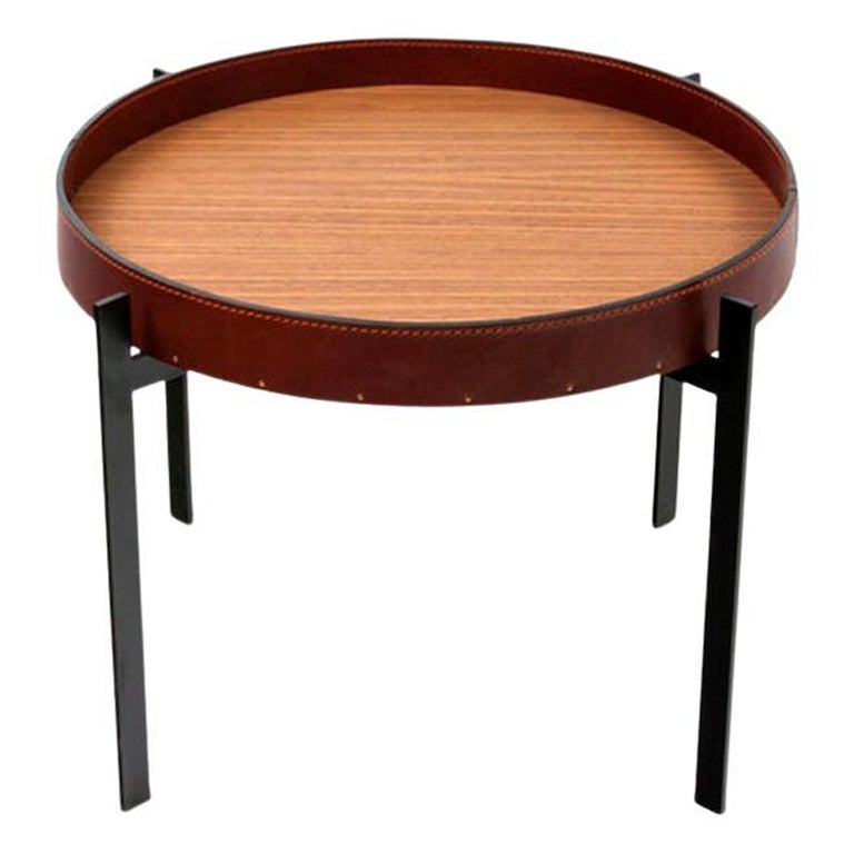 Cognac Leather and Teak Wood Single Deck Table by OxDenmarq For Sale