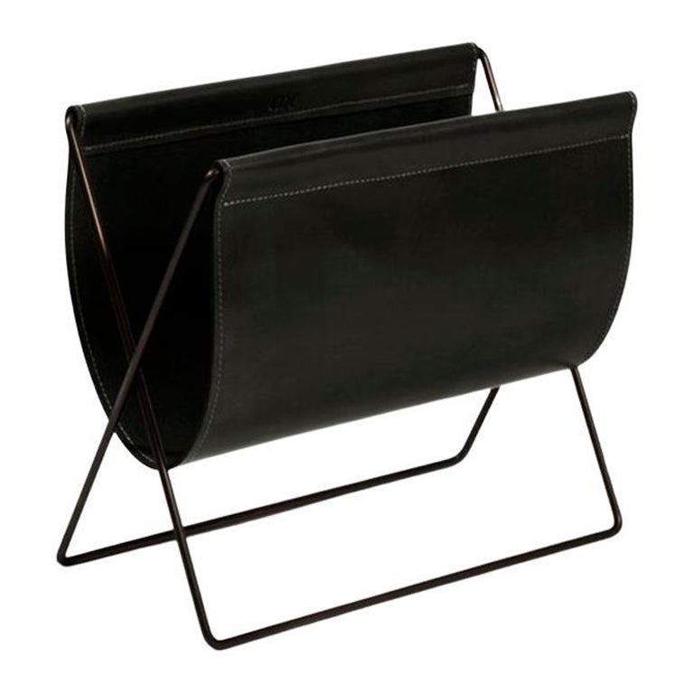 Black Leather and Black Steel Maggiz Magazine Rack by OxDenmarq For Sale