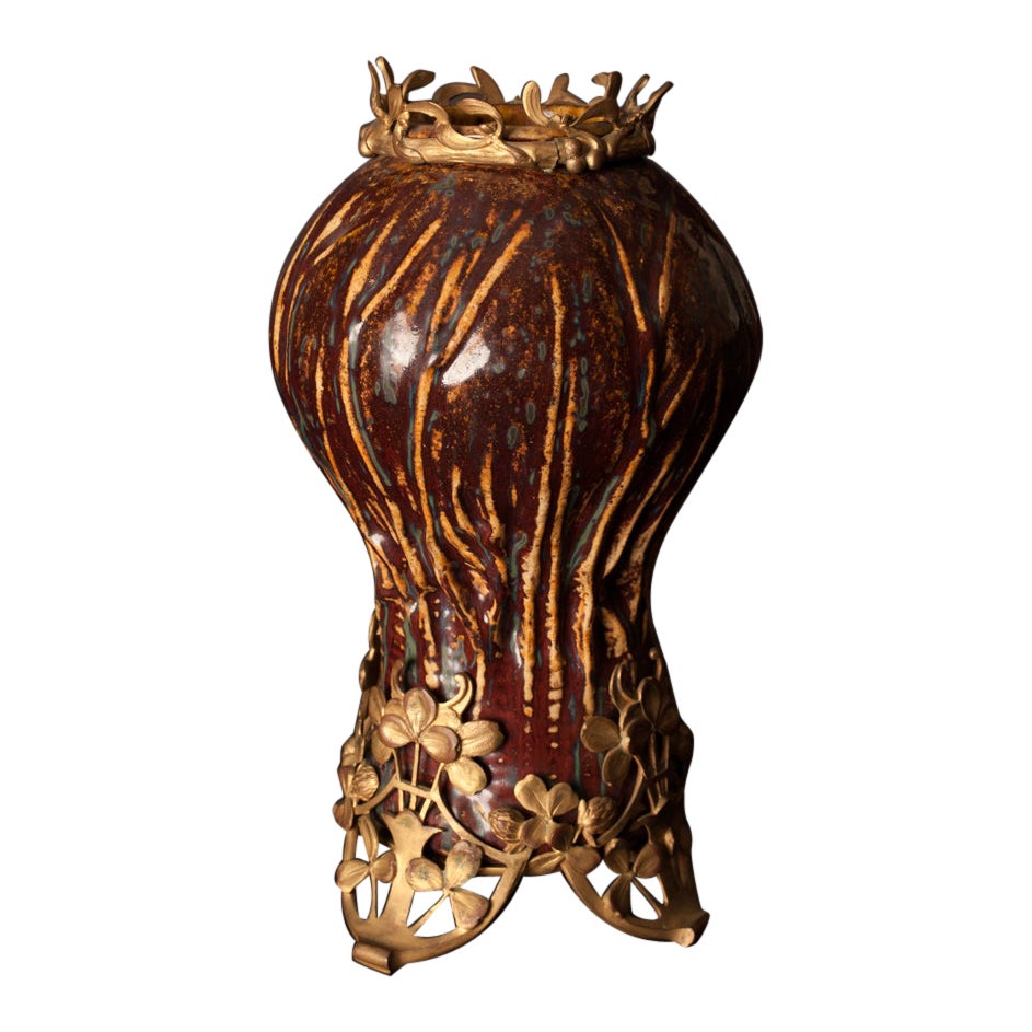 Art Nouveau Gourd Vase with Brass Mount by Pierre-Adrien Dalpayrat & Marcel Bing