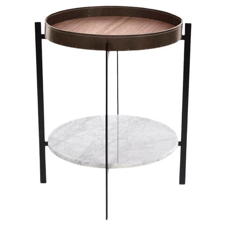 Mocca Leather, Walnut Wood and White Carrara Marble Deck Table by Oxdenmarq For Sale