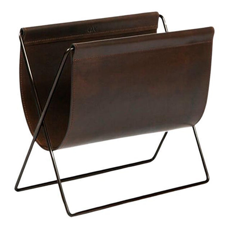 Mocca Leather and Black Steel Maggiz Magazine Rack by OxDenmarq For Sale