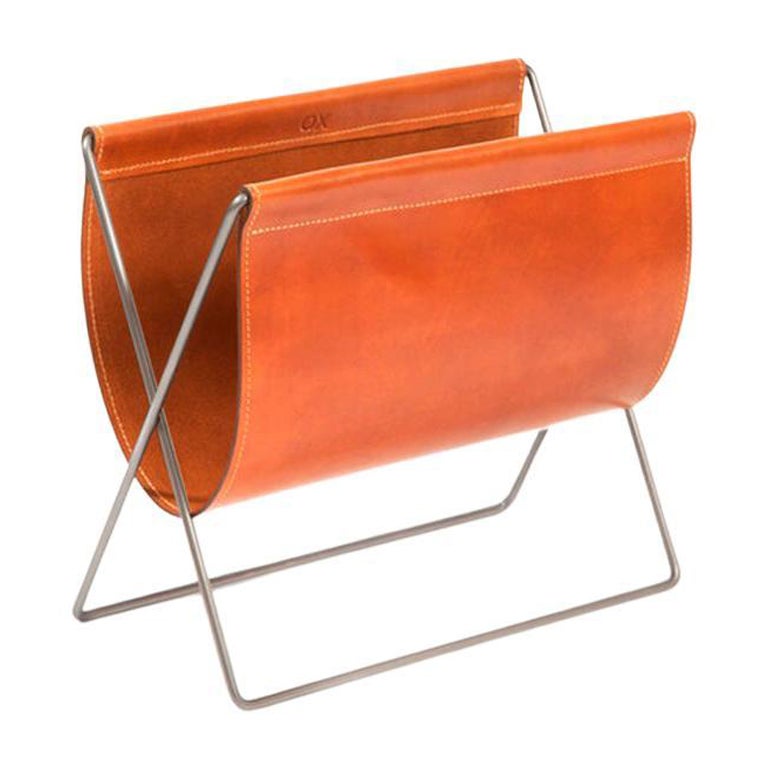 Hazelnut Leather and Steel Maggiz Magazine Rack by OxDenmarq For Sale
