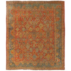 Antique Turkish Oushak Rug in Terracotta With All-Over Flower, Leaves and Vines 