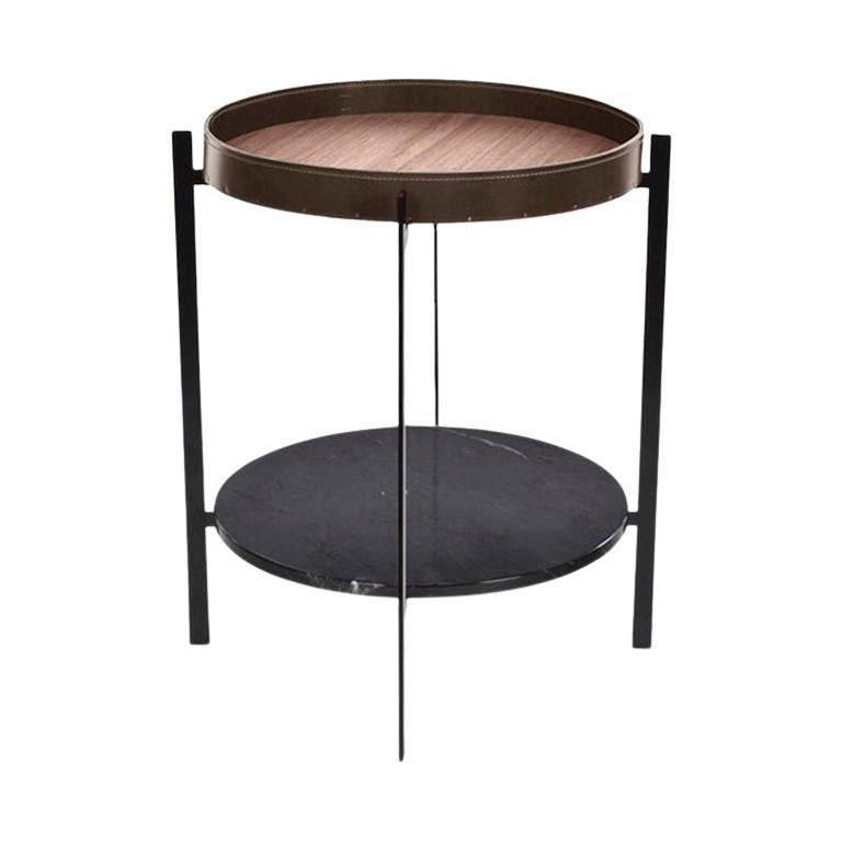 Mocca Leather, Walnut Wood and Black Marquina Marble Deck Table by OxDenmarq