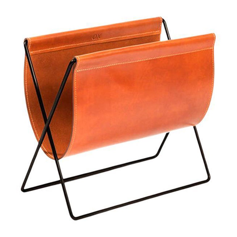 Hazelnut Leather and Black Steel Maggiz Magazine Rack by OxDenmarq For Sale