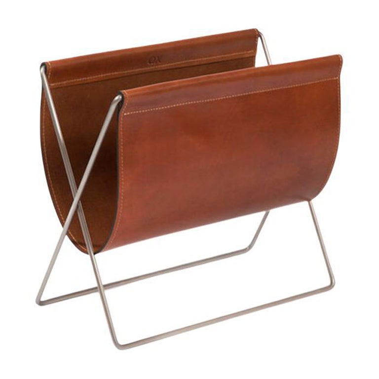 Cognac Leather and Steel Maggiz Magazine Rack by OxDenmarq For Sale