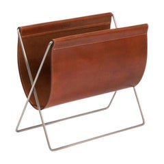 Cognac Leather and Steel Maggiz Magazine Rack by OxDenmarq
