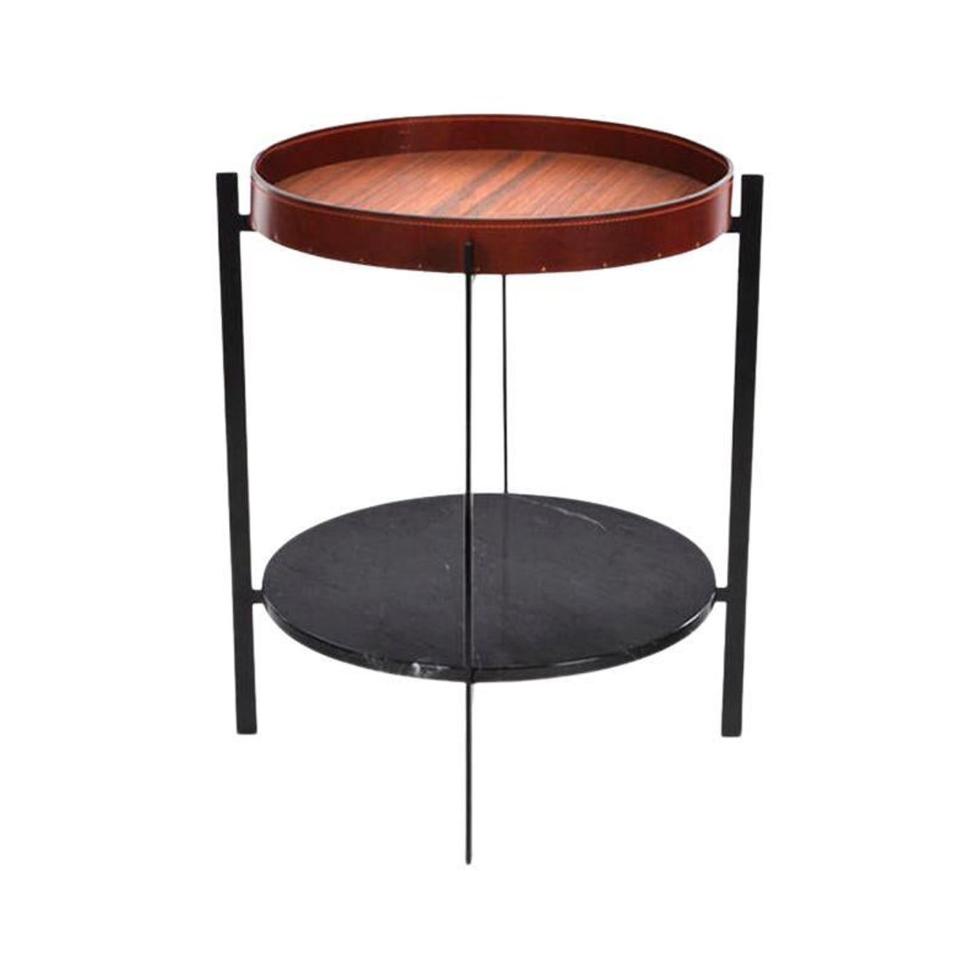 Table à baldaquin en cuir cognac, bois de teck et marbre Marquina noir par OxDenmarq