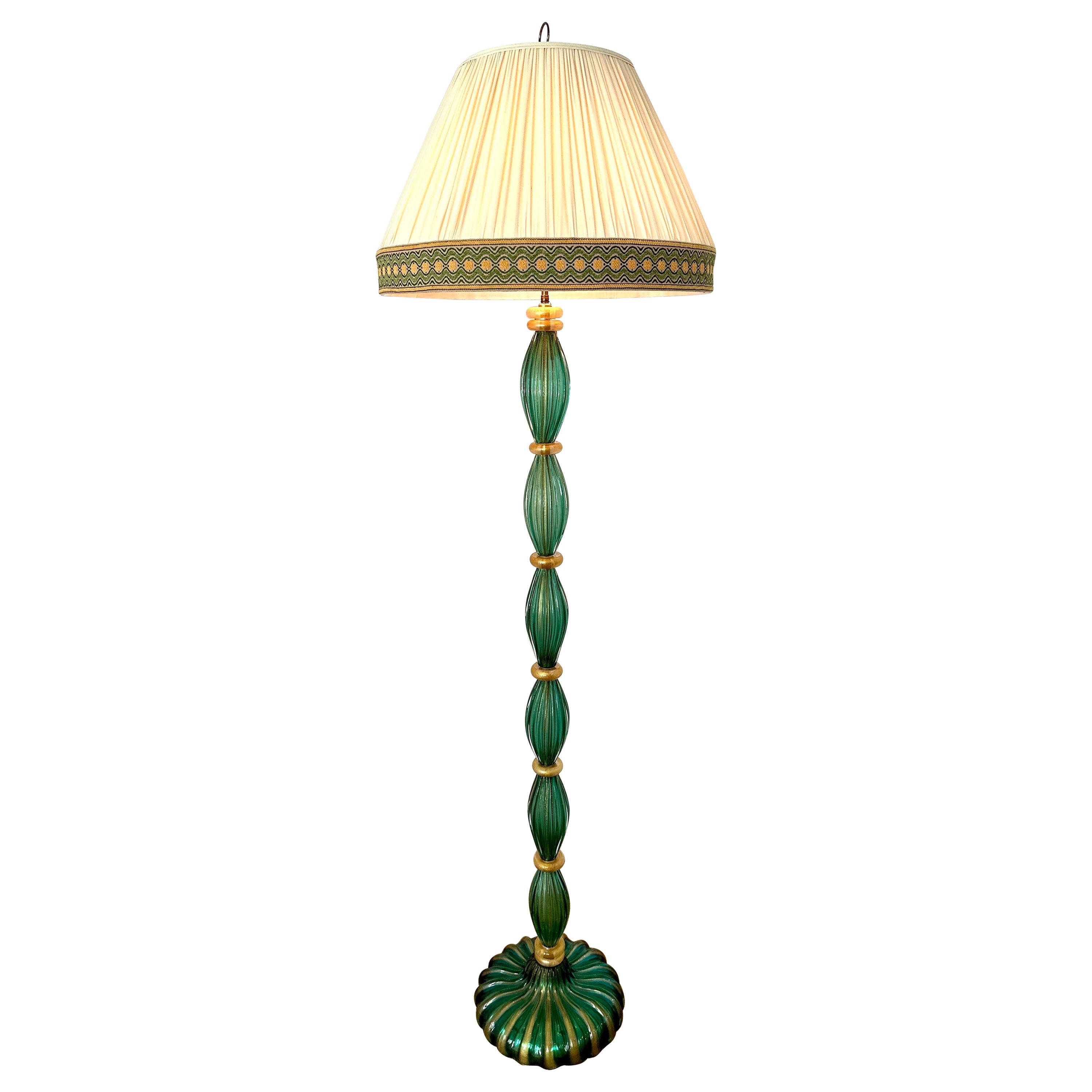 Vintage Barovier Green Murano Glass Floor Lamp w/ Gold Foil Inclusions For Sale