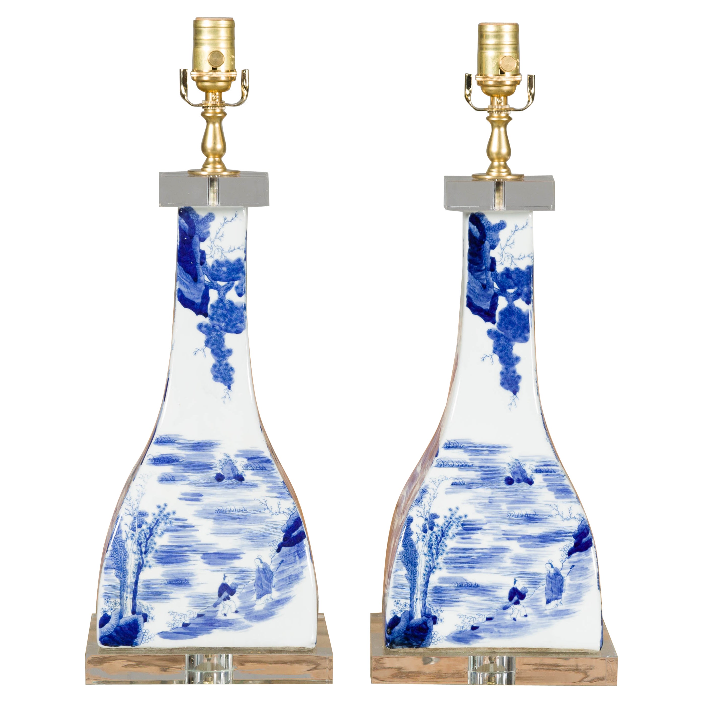 Pair of Asian Blue and White Porcelain Table Lamps Mounted on Custom Lucite For Sale