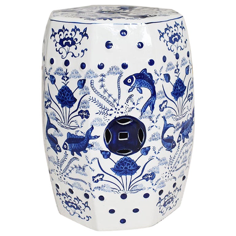 Flow Blue and White Chinoiserie Ceramic Garden Stool with Koi Fish Floral Motif For Sale