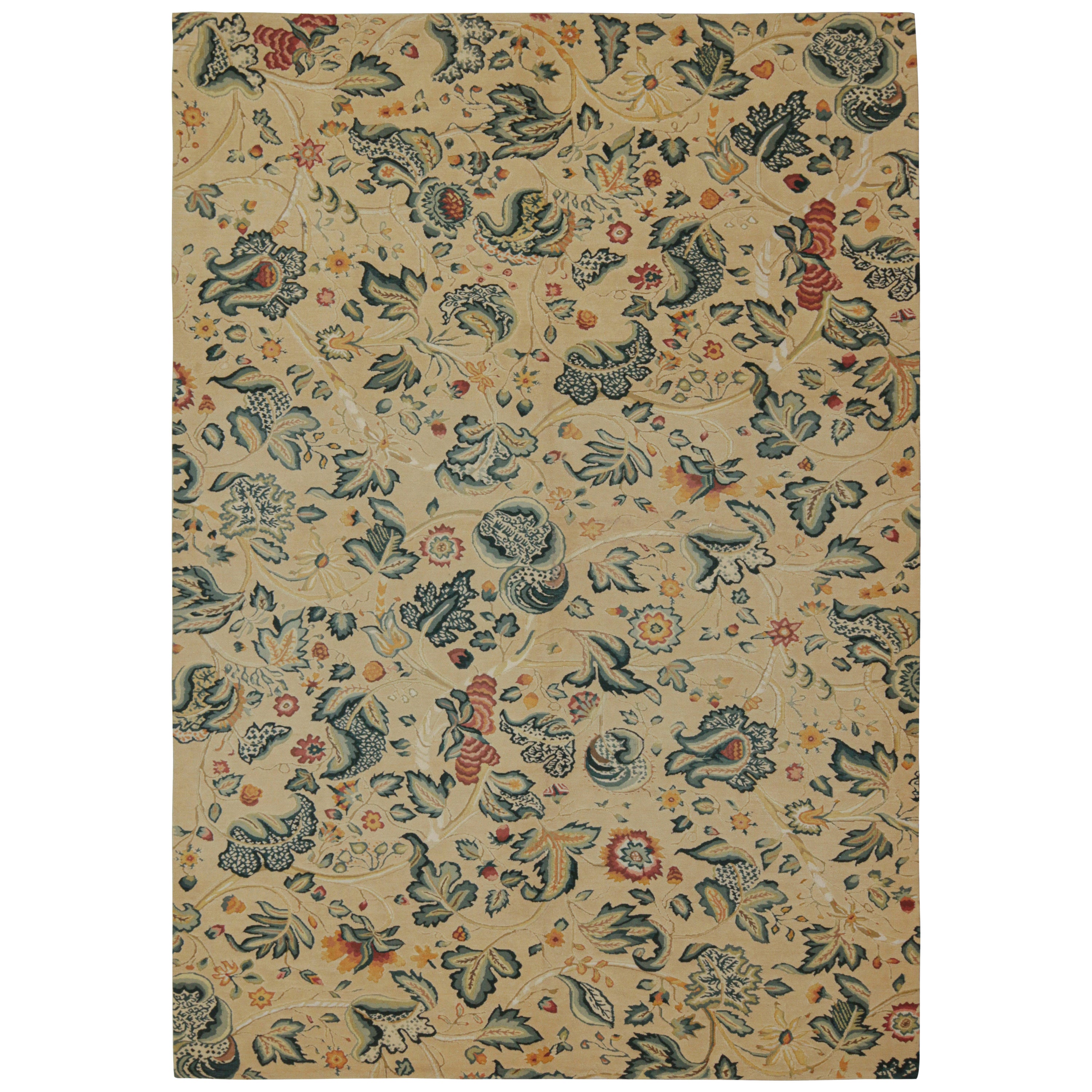 Rug & Kilim’s European Tudor Style Flatweave in Beige with Teal Floral Pattern For Sale