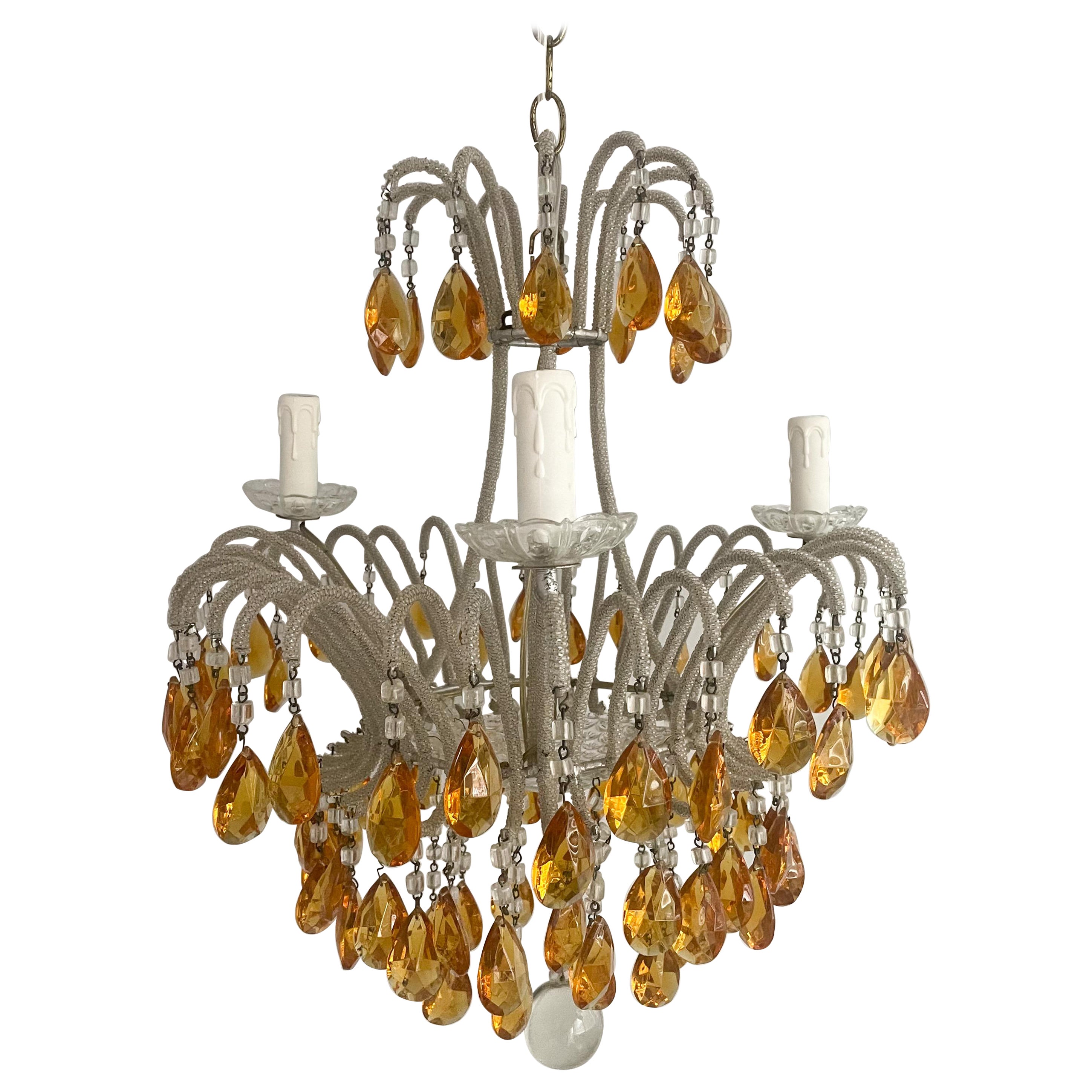 Italian Silvered Iron and Crystal Beaded Chandelier