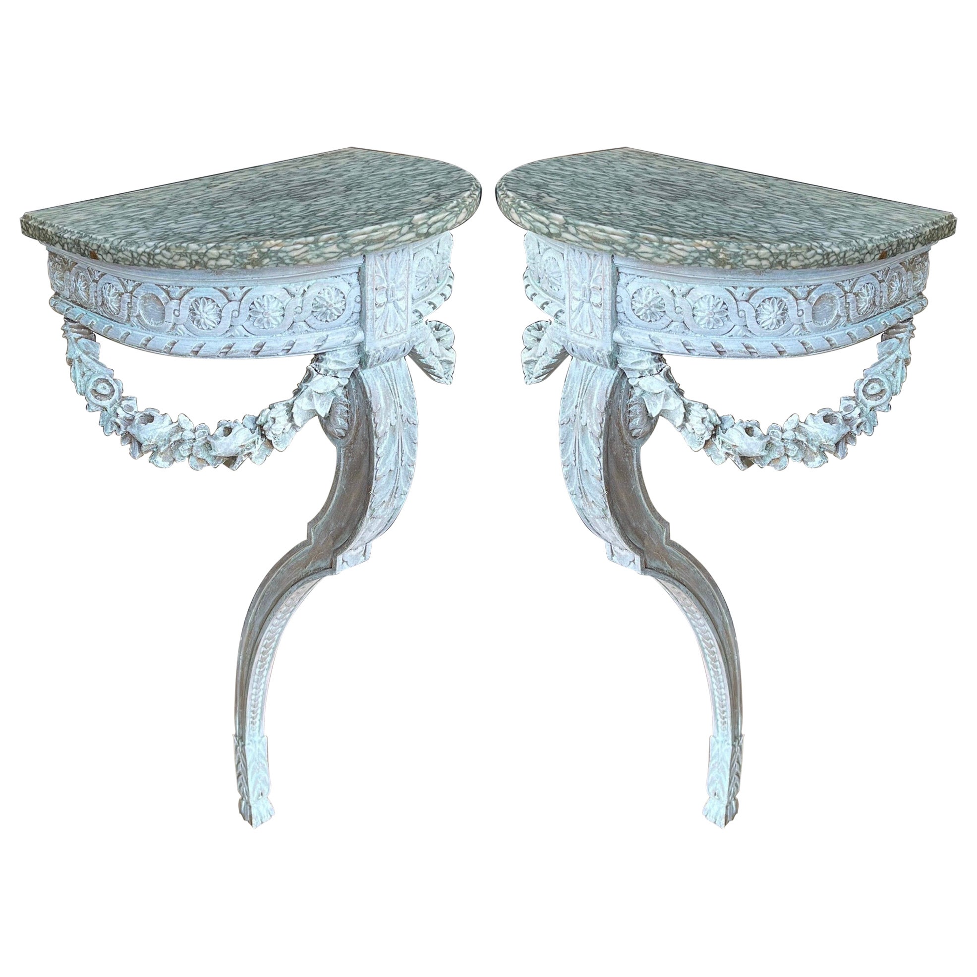 19th-C. French Lymed Marble Top Console Tables W/ Carved Barbola Swags -Pair