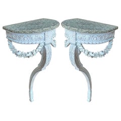 Antique 19th-C. French Lymed Marble Top Console Tables W/ Carved Barbola Swags -Pair