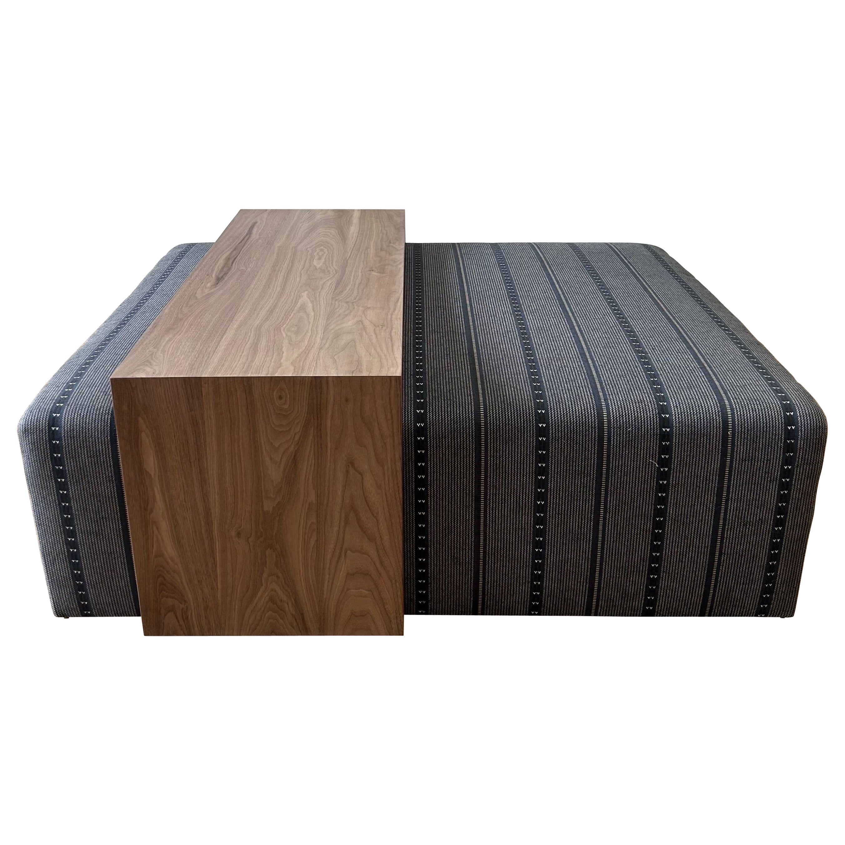 Custom Made Wool and Jute Cube Ottoman with Walnut Waterfall Style Table For Sale