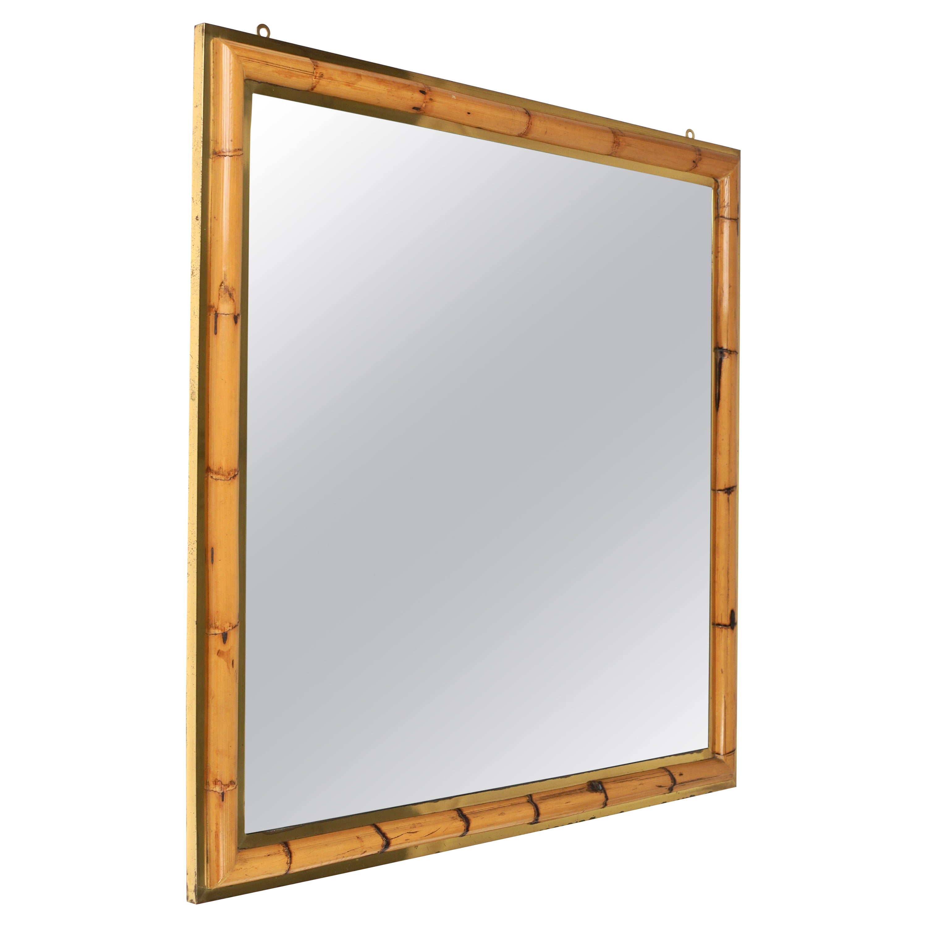 Midcentury Squared Wall Mirror in Brass and Bamboo, Italy, 1970s For Sale
