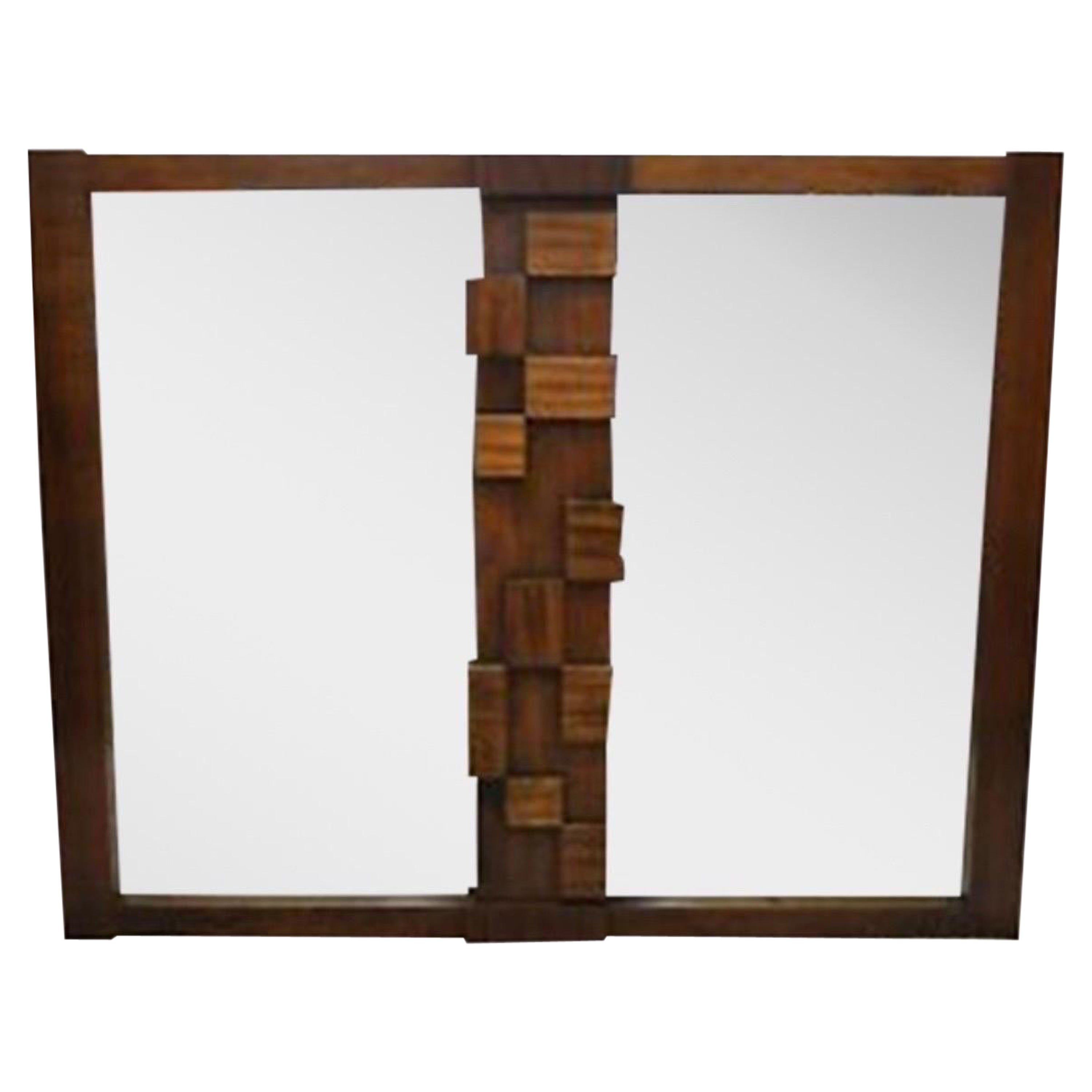 Lane Mid-Century Modern Brutalist Cubist Block Rectangular Wood Frame 52” Mirror For Sale