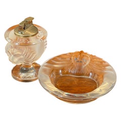 Lion Head Frosted Crystal Ashtray & Lighter Set by Lalique