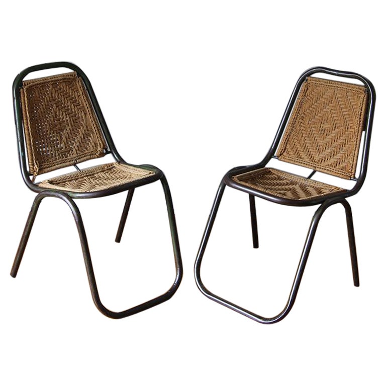 Paire de chaises industrielles françaises en corde et métal, années 1950 en vente