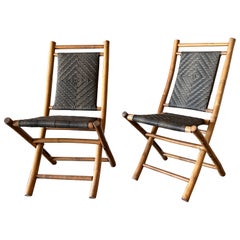 Retro Natural Color Bamboo and Brown Rush Folding Chairs