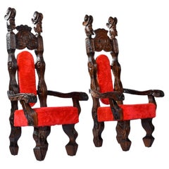 Restored Witco Conquistador Tiki Throne Chairs in Original Red Fur