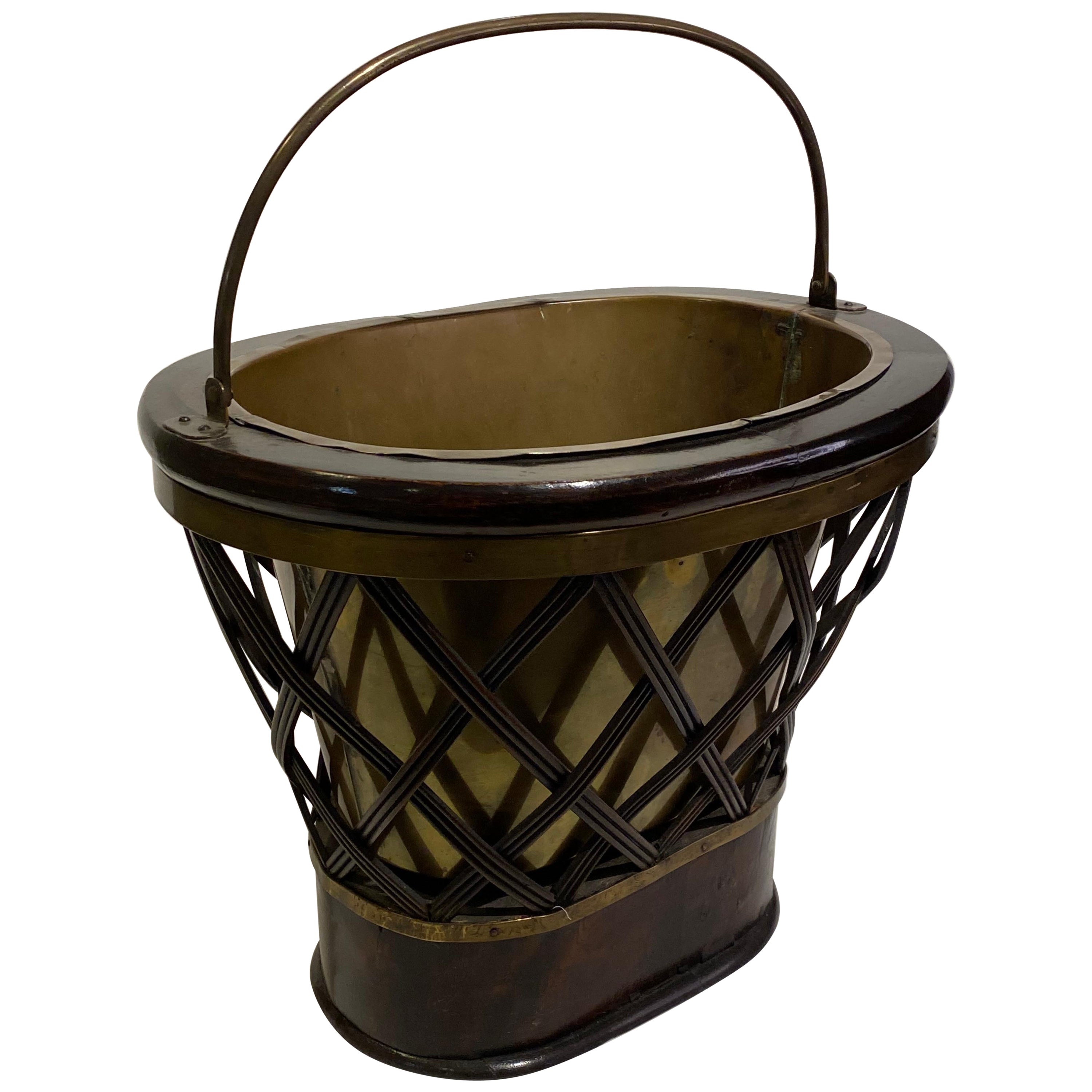 19th Century Victorian Mahogany Lattice Work Waste Basket with Brass Liner For Sale