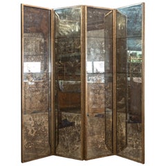 Midcentury French Mirrored Screen with Four Panels and Heavy Antiquing