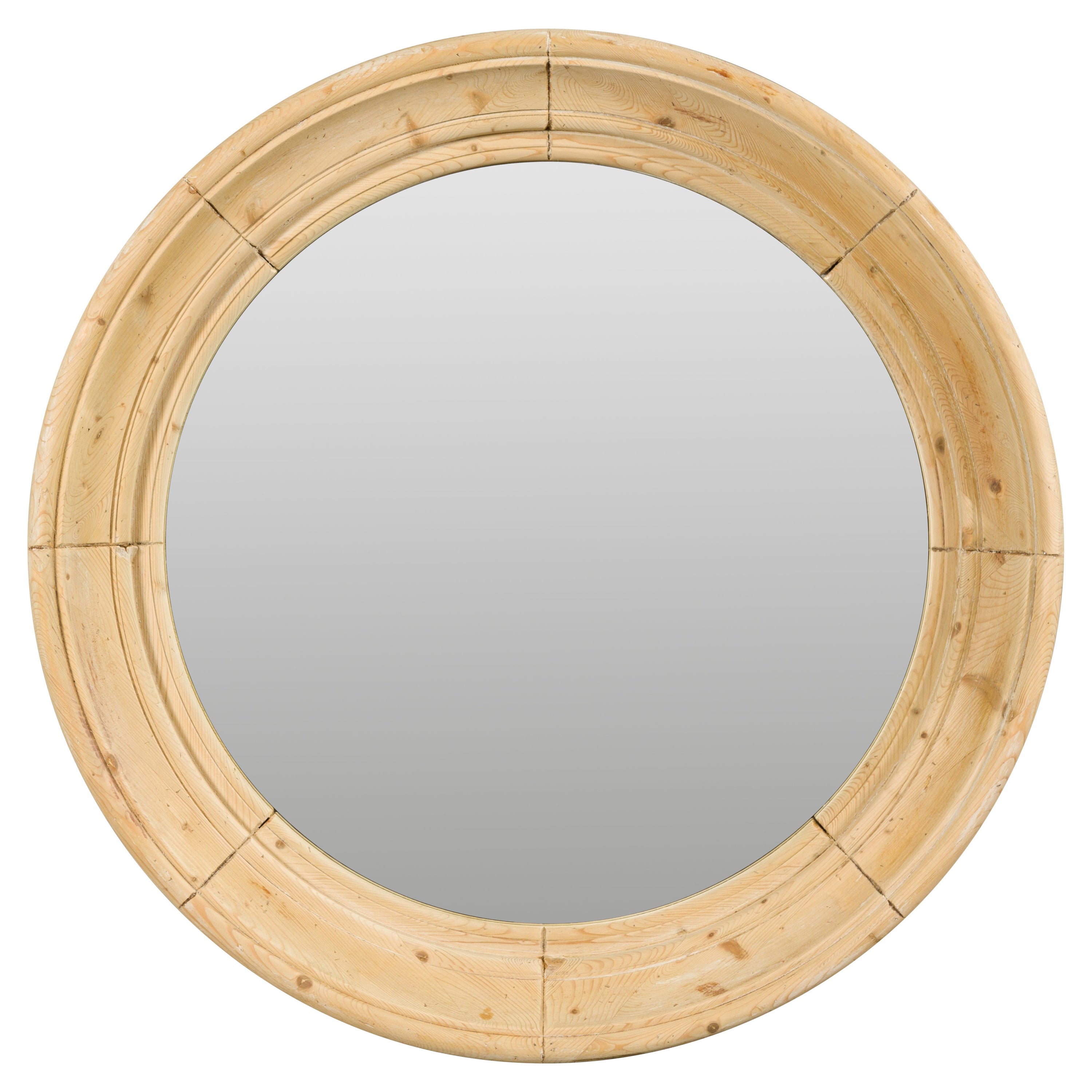 Rustic English Midcentury Pine Round Bullseye Mirror with Natural Finish