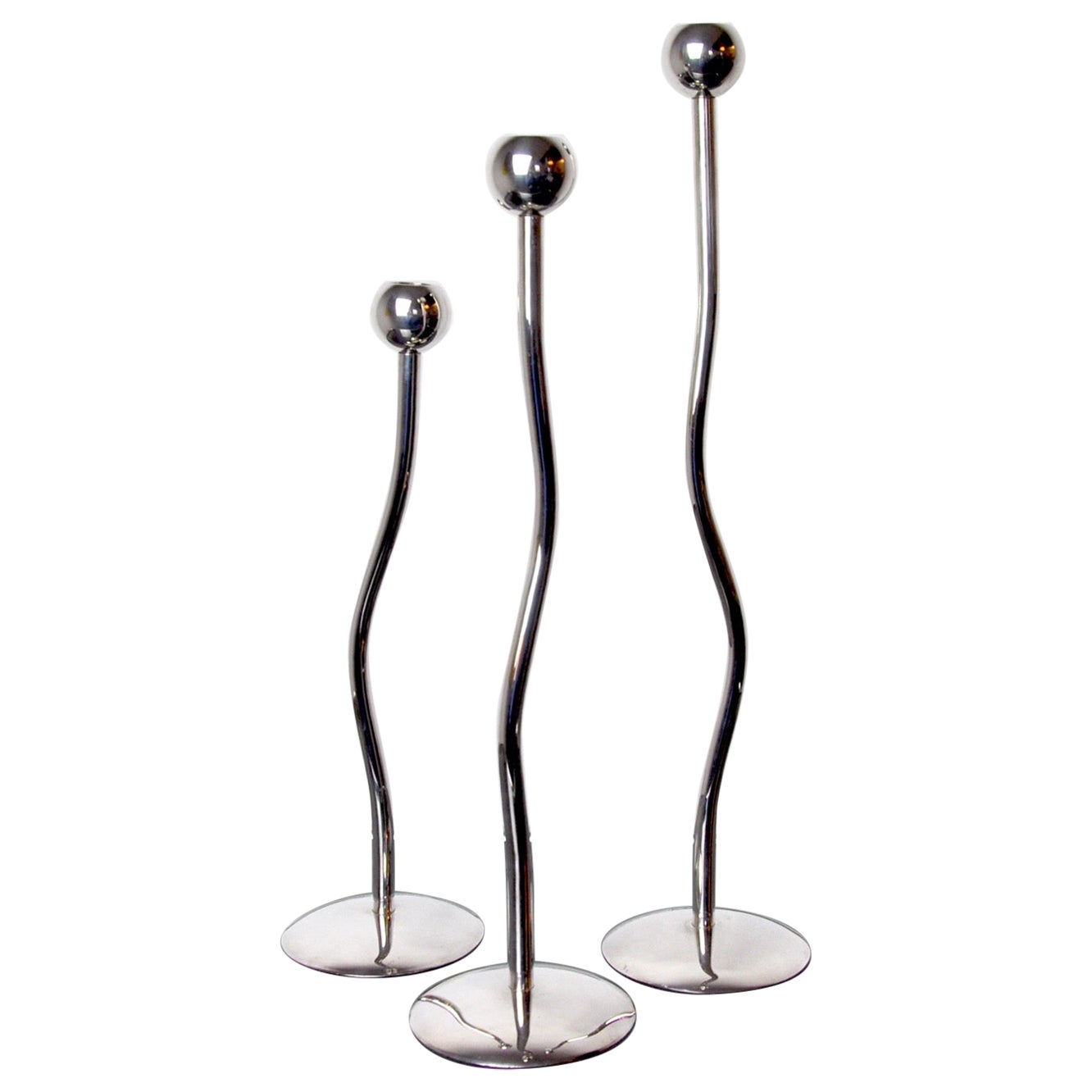 Trío de portavelas de metal plateado de Mesa, Italia, 1980
