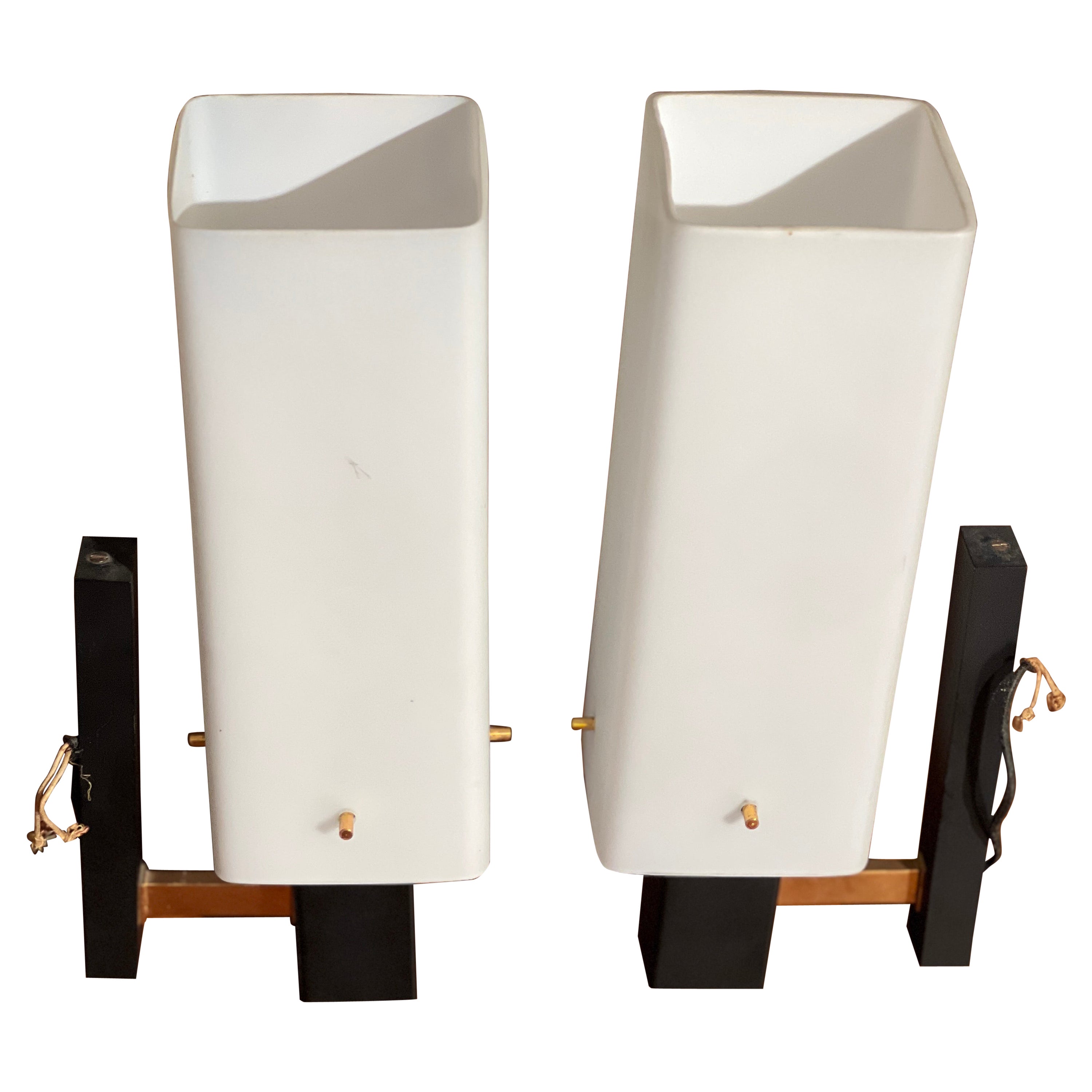 Pair of Opaline and Metal Sconces 1950 Attributed to Arlus For Sale