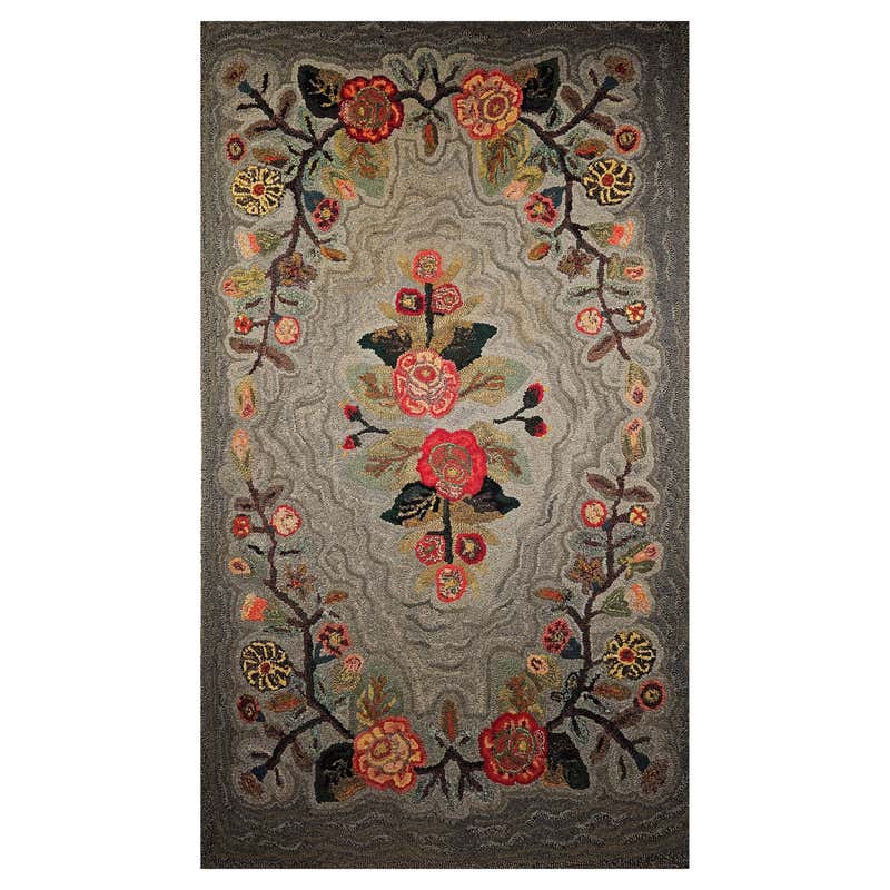 Early American Hand Hooked Rug with a Floral Pattern Wall Art For Sale ...