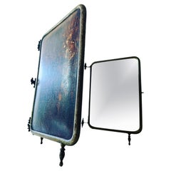 Antique Three Way Mirror, Rare Leather & Nickel Tri-Fold Barber Shaving Mirror