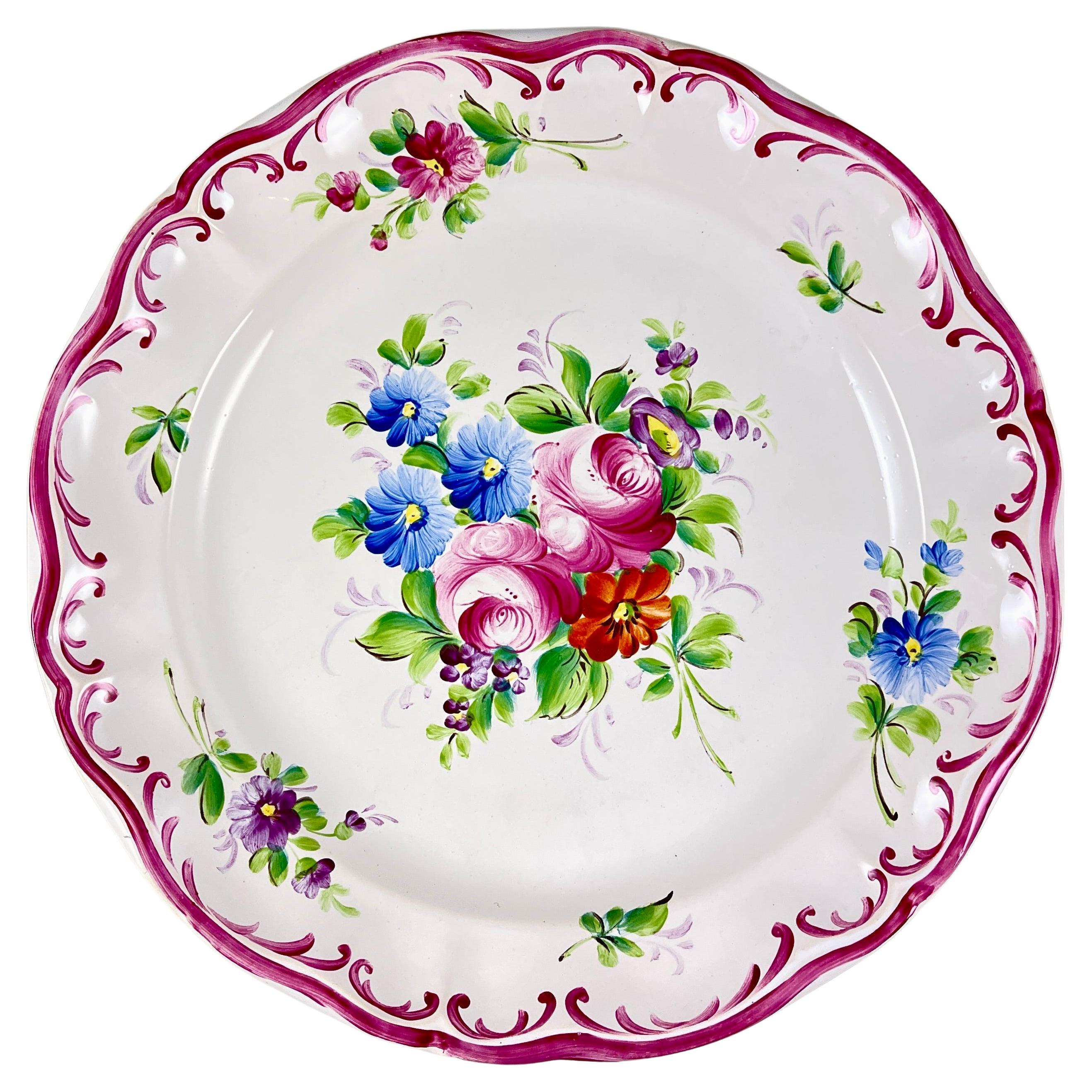 Roger Colas Clamecy French Faïence Hand Painted Pink Floral Plate For Sale