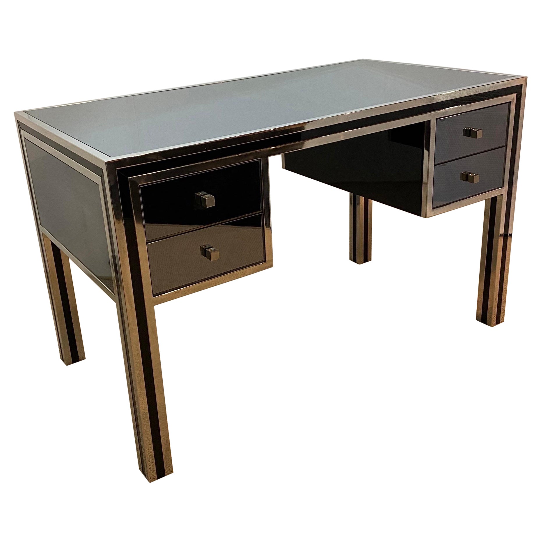 Michelle Pigneres 1970s Desk Chrome Smoked Mirrored Table Art Deco Style office  For Sale