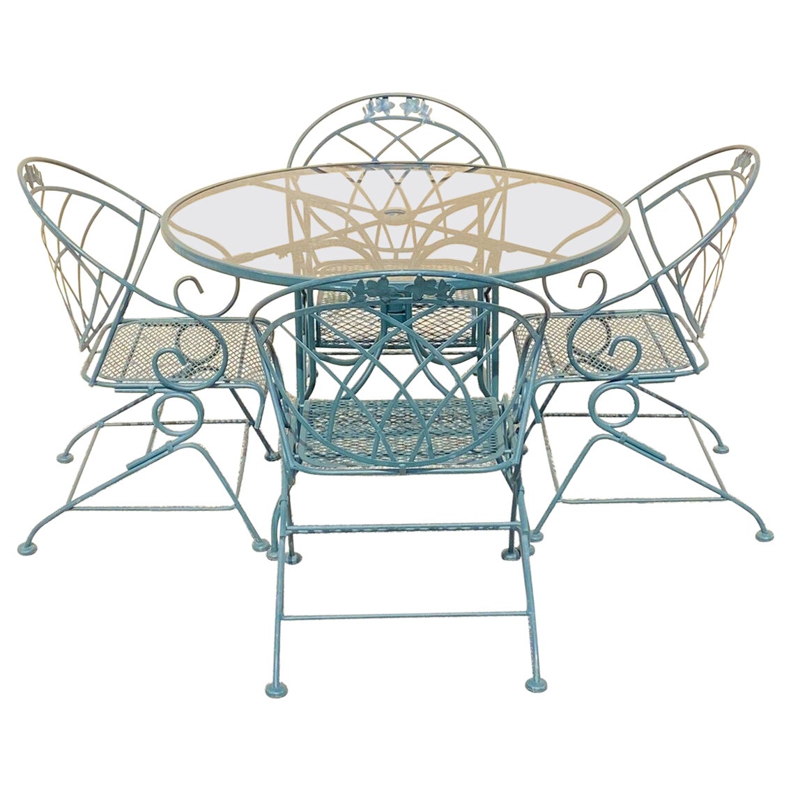 Vintage Woodard Wrought Iron Green Spring Bouncy Patio Dining Set - Set of 5