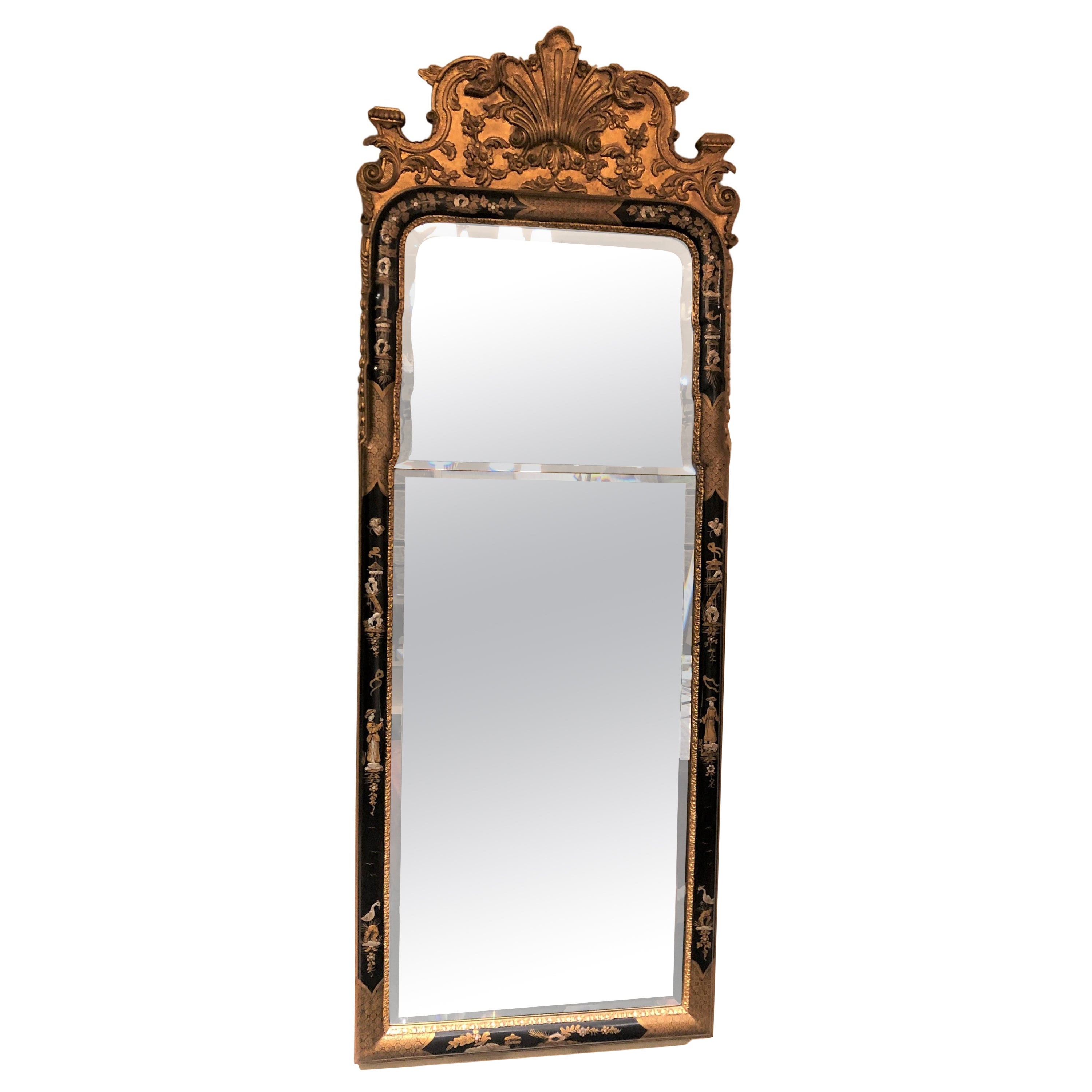 Black Lacquered Queen Anne Style Mirror w/ Chinoiserie Decoration & Bevel Glass