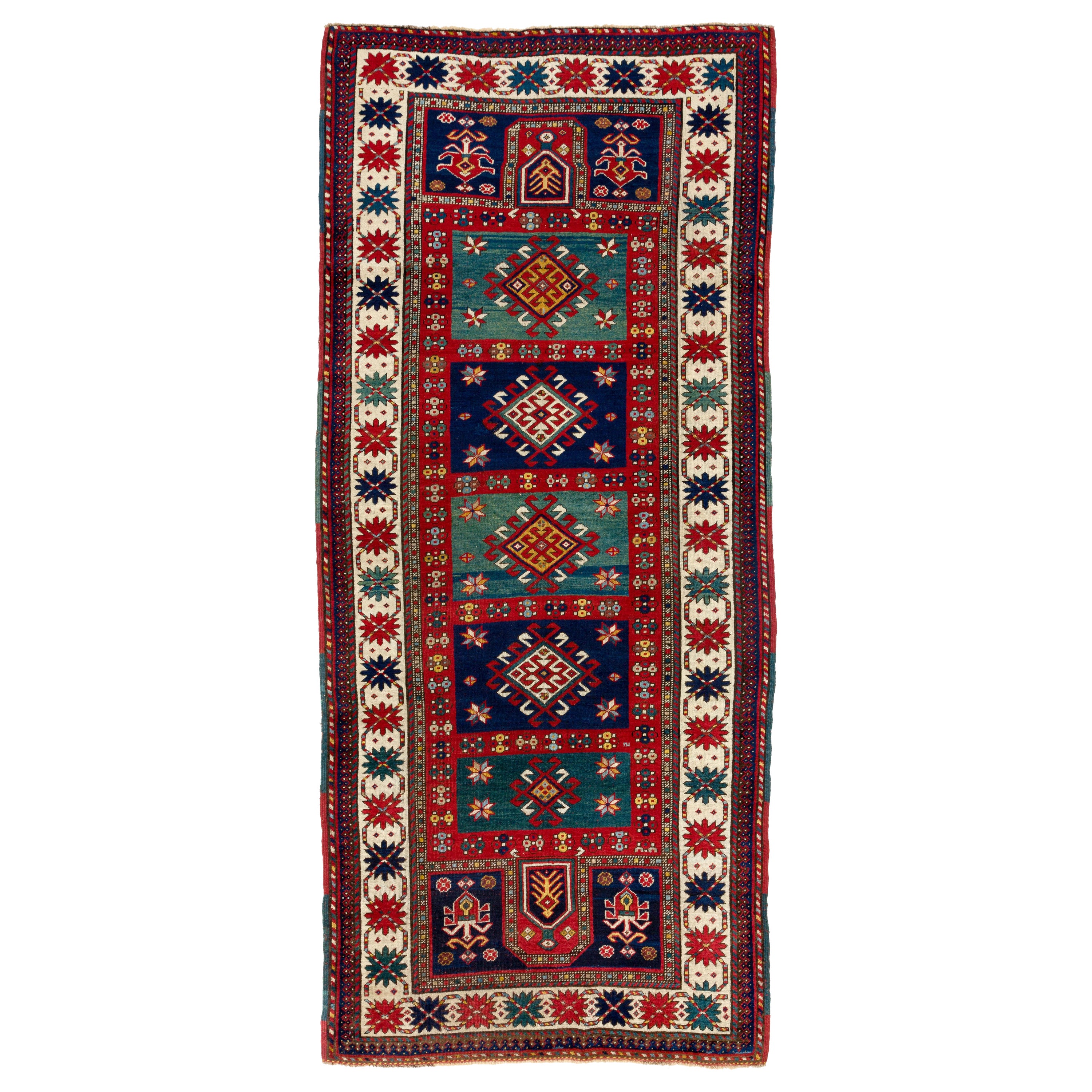 Tapis Kazak caucasien ancien de 4,3 x 9,6 m, entièrement recouvert de poils, état d'origine, vers 1880 en vente