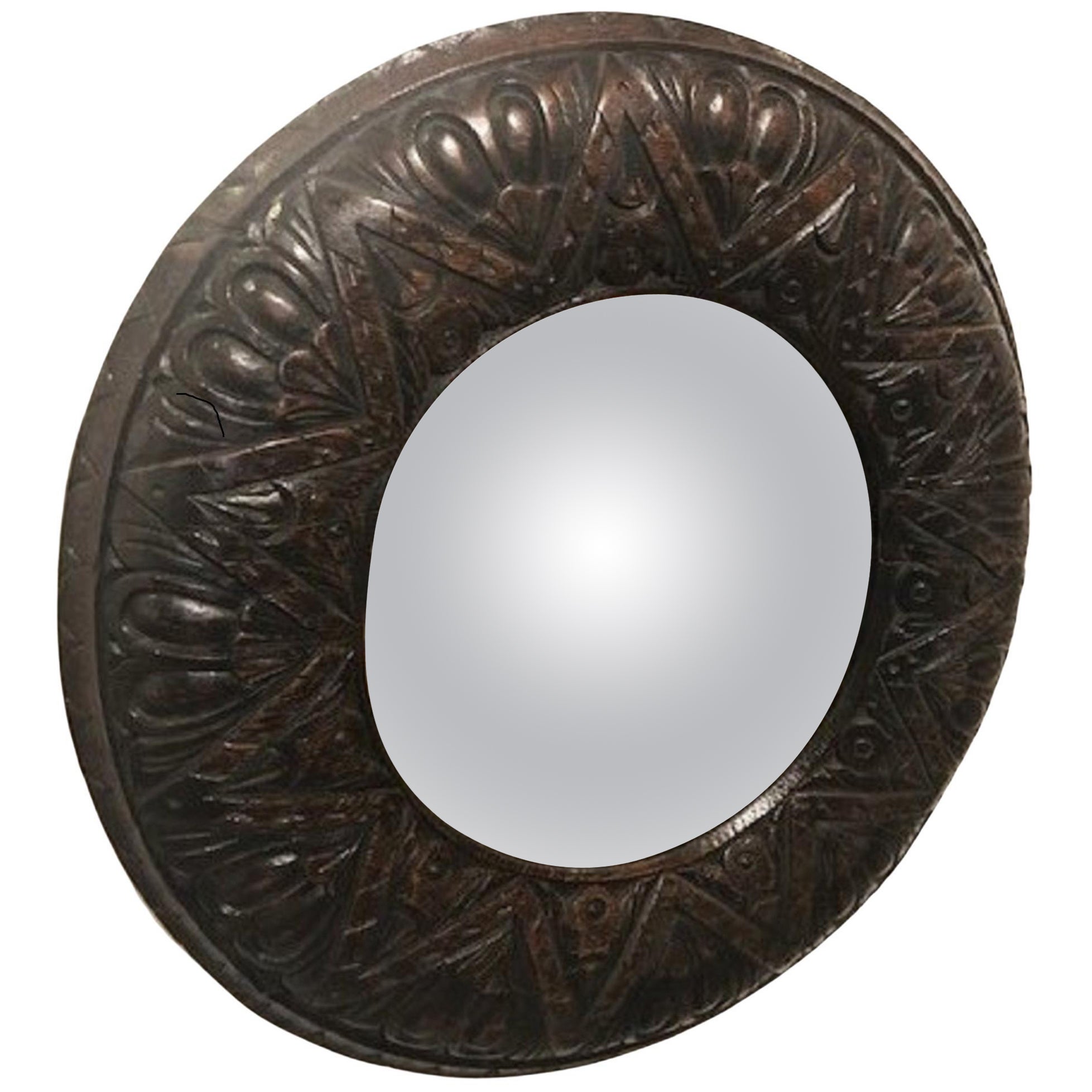 Old Carved Round Oak Convex Mirror from England