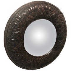 Old Carved Round Oak Convex Mirror from England