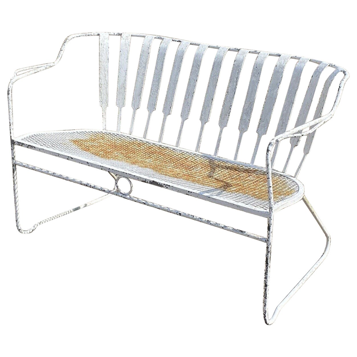 Vtg Mid-Century Modern Wrought Iron White Sculptural Garden Patio Loveseat Sofa For Sale