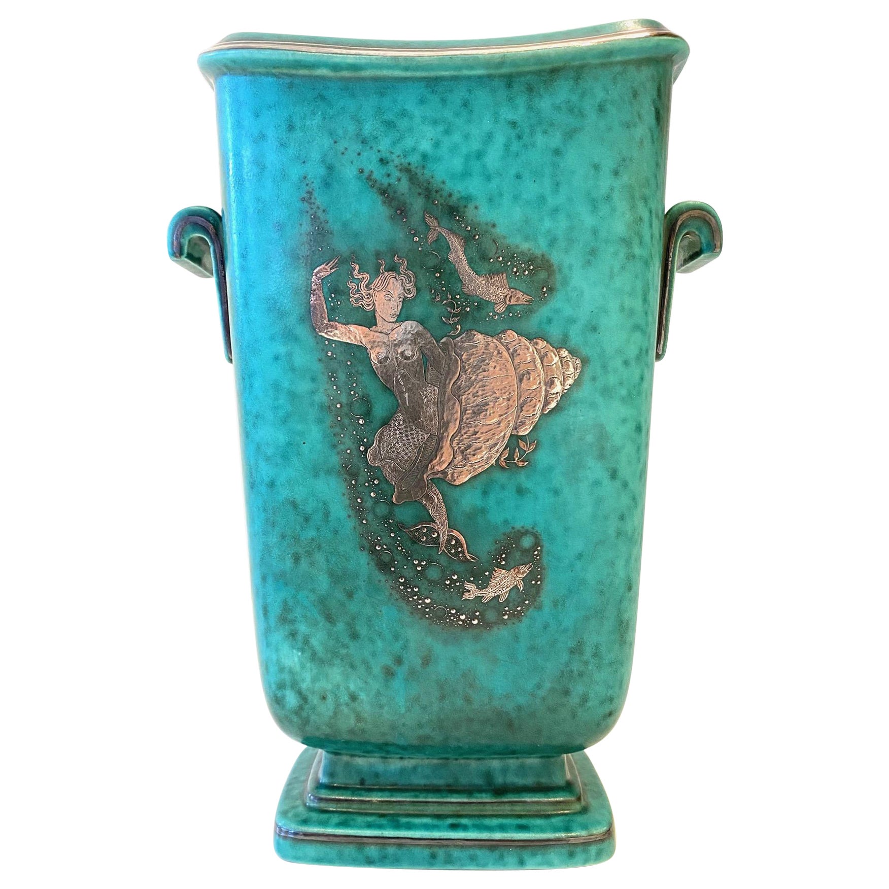  Green Glazed Ceramic and Silver "Argenta" Vase by Wilhelm Kage for Gustavsberg For Sale