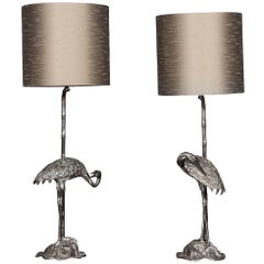 20th Century Spanish Pair Of Silver Plated Crane Design Lamps. Valenti, c.1960