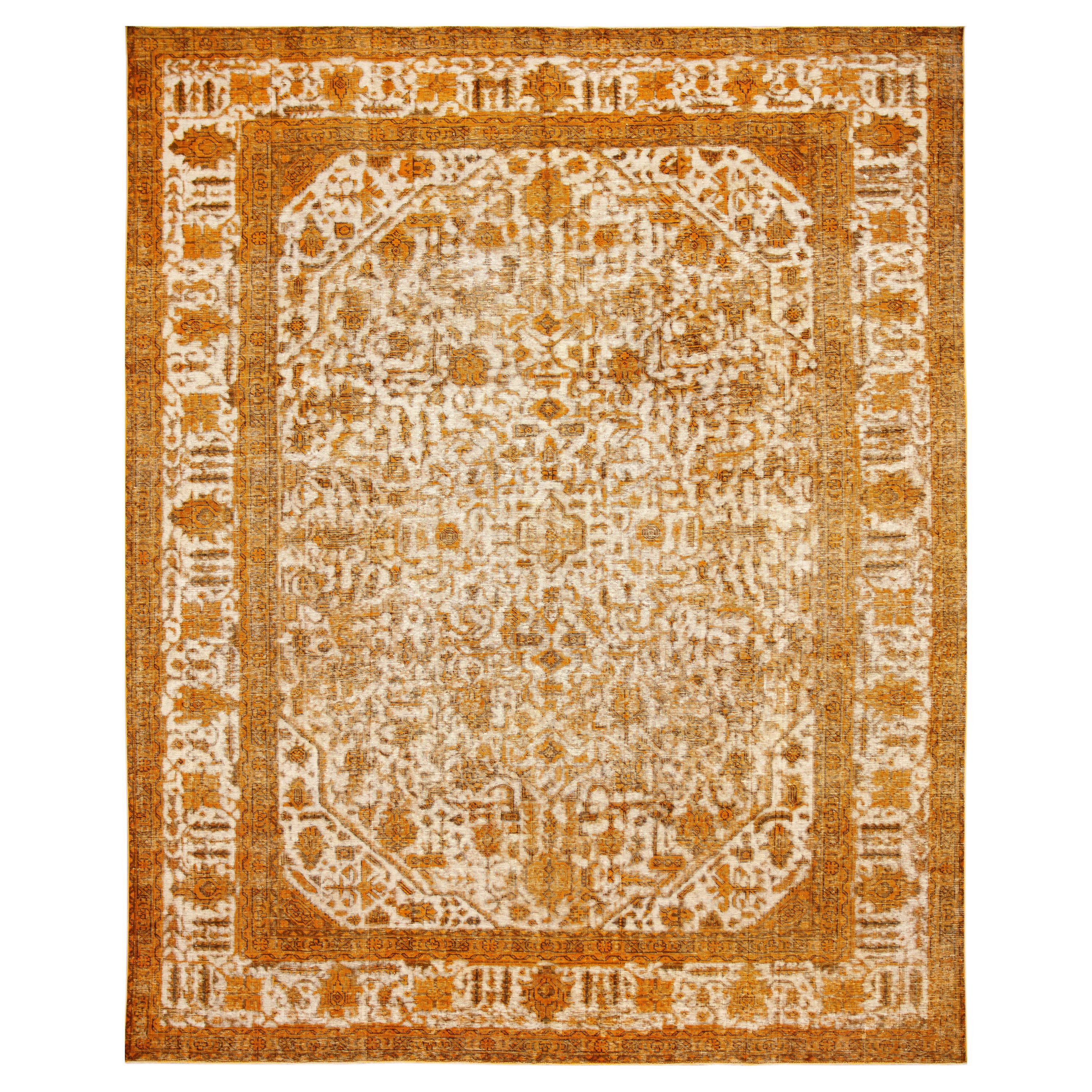 1960s Allover Handmade Vintage Overdyed Wool Rug in Orange and Beige Color