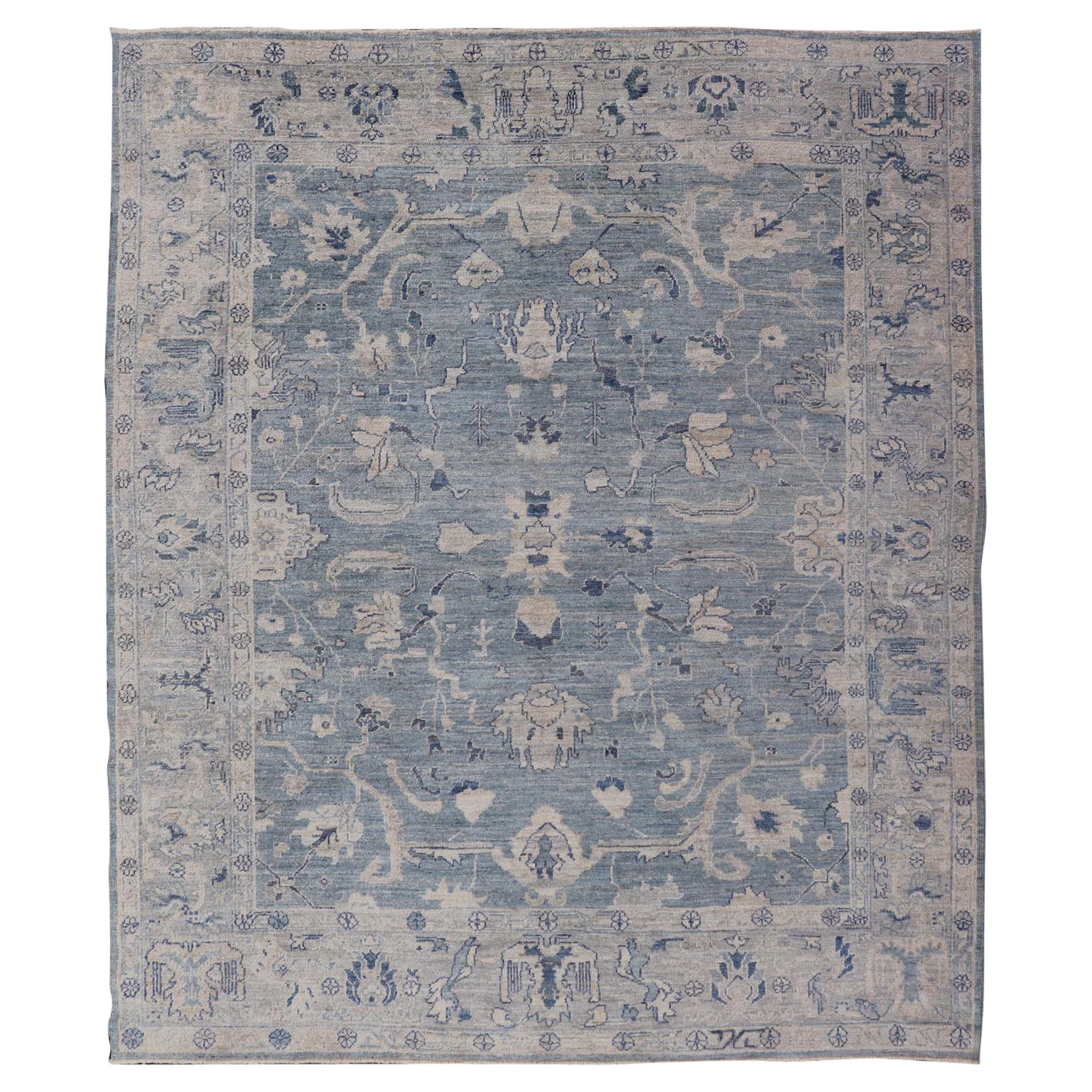 Turkish Angora Oushak Rug in Dusty Blue Background and Silver Border For Sale
