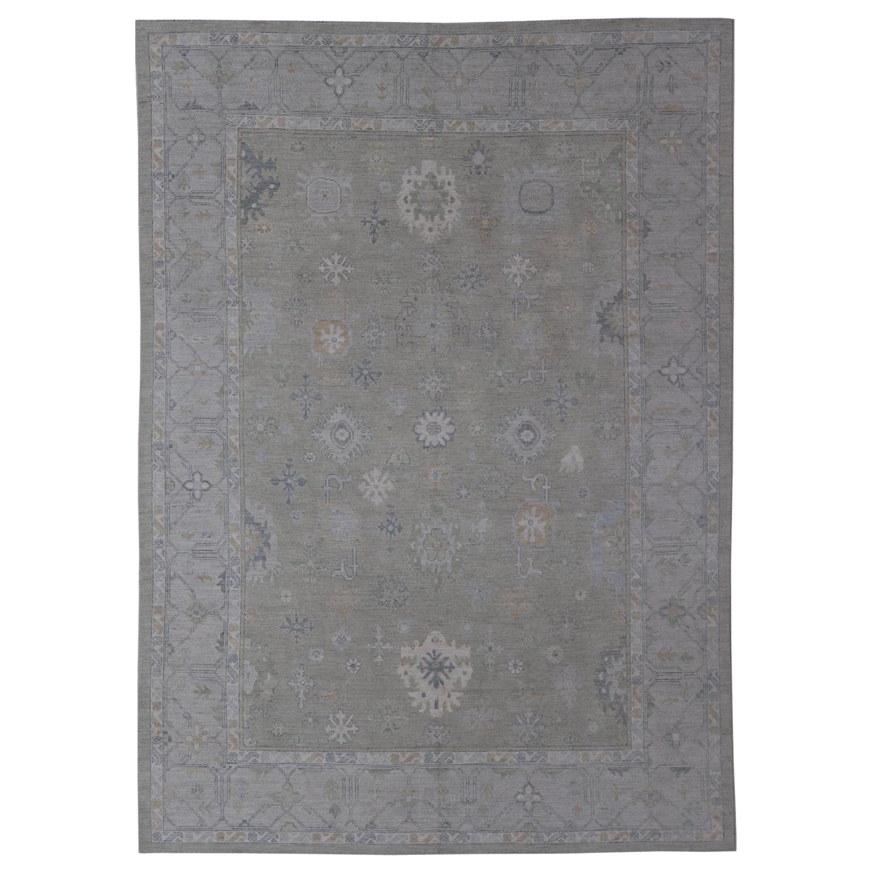 Hand-Knotted Transitional Neutral Oushak Rug in Light Gray, Light Blue, Green For Sale