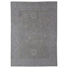 Hand-Knotted Transitional Neutral Oushak Rug in Light Gray, Light Blue, Green