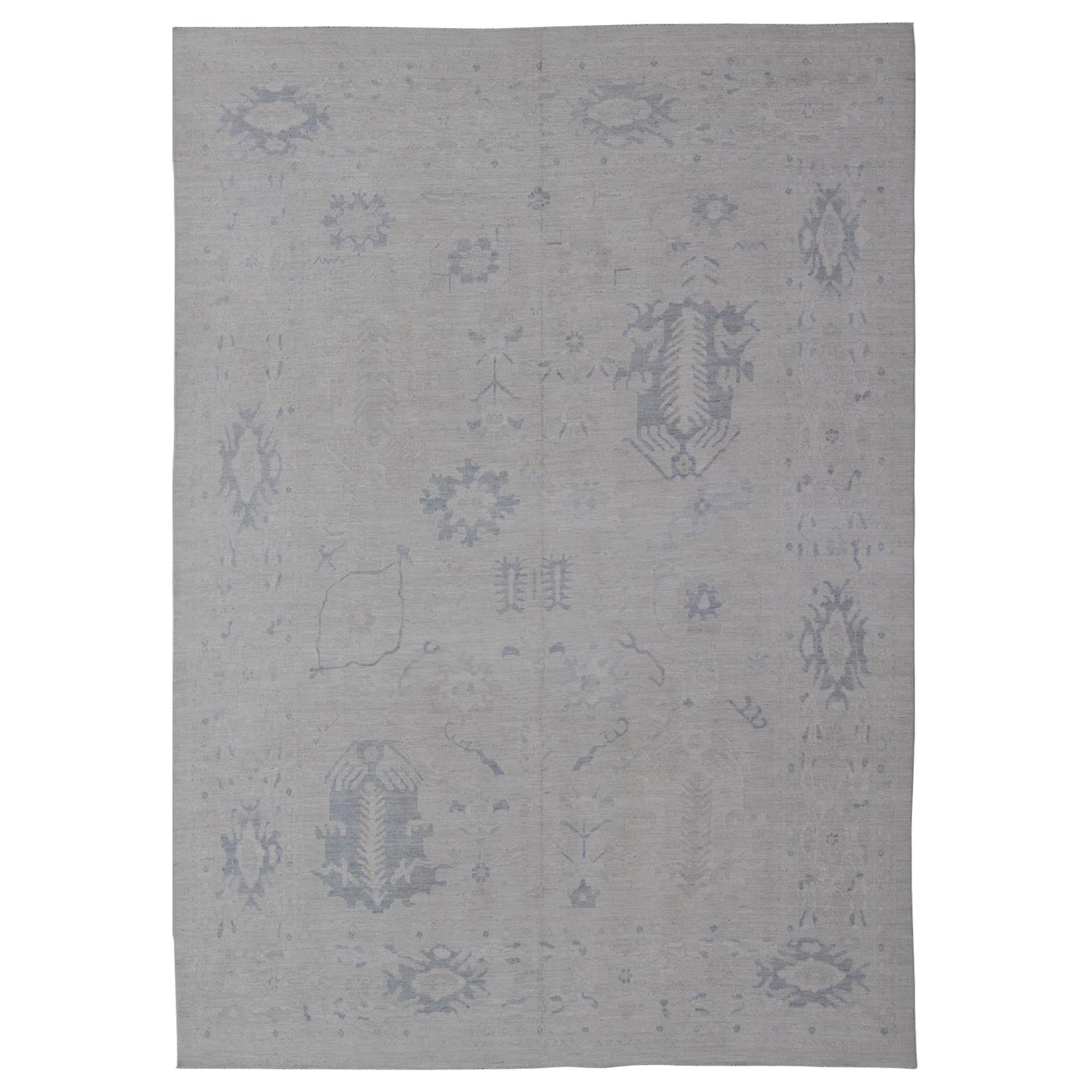 Large Modern Oushak Rug with All-Over Floral Motifs in Neutrals & Soft Colors
